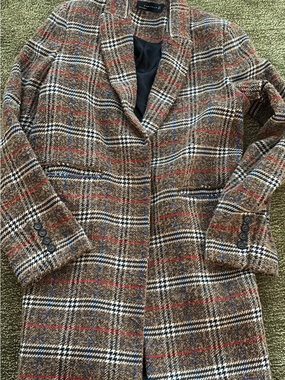 Zara Brown Plaid Wool-Blend Peacoat with Red & Blue Accents